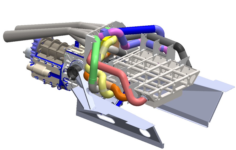 CAD assembly of a GT40 driveline — headers, transaxle, and weld fixtures — an Atrick Design project